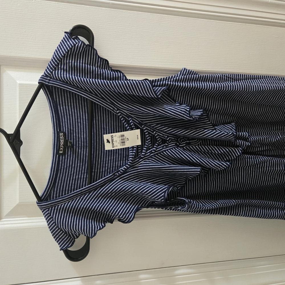 Express Striped Blue and White Ruffle Tank Top